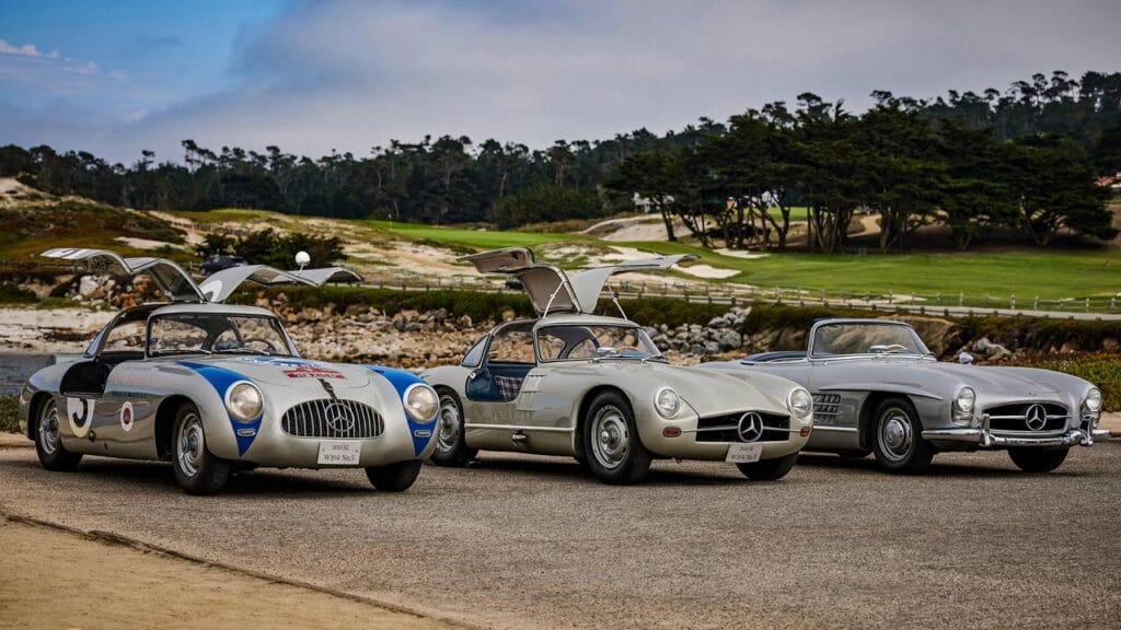 Mercedes-Benz Classic na najważniejszych wydarzeniach 2022. Wyścigowy Mercedes-Benz 300 SL (W 194), wyścigowy Mercedes-Benz 300 SL “Hobel” (W 194 II) i Mercedes-Benz 300 SL Roadster (W 198). Pebble Beach Automotive Week 2021.