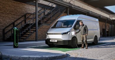 Nowy Ford Transit City Nowy srebrny Ford Transit City furgon w ruchu miejskim, przy ładowarce